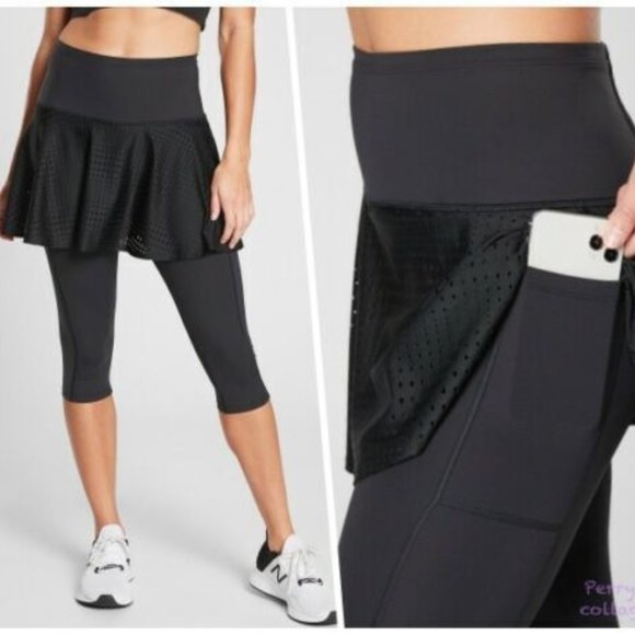 ATHLETA   A-Game 2 in 1 Crop Stash Pocket black Leggings w/ Skirt sz XS EUC - Picture 1 of 9